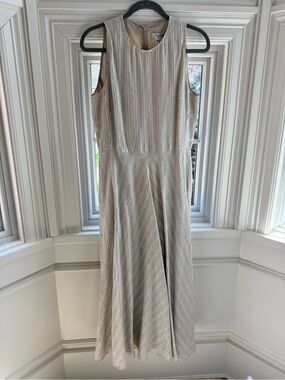 MaxMara  Sleeveless Striped Midi Dress in Taupe and White